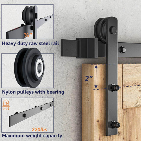 8ft Barn Door Hardware Kit with I shape hanger, heavy duty sliding door track, nylon rollers, installed on wooden door