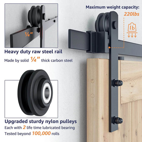 Close-up of 7FT Double Sliding Barn Door Hardware Kit showing heavy duty carbon steel track and quiet nylon rollers installed on wooden door.