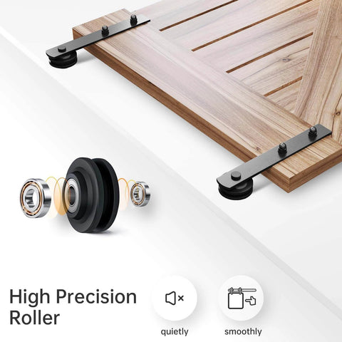 High precision roller of 16 FT Heavy Duty Sliding Barn Door Hardware Track Kit with Straight Pulley, shown with steel rollers