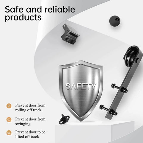 Safety components of 9 FT Double Door Sliding Barn Door Hardware Track Kit with basic J pulley, steel rails, preventing door issues.