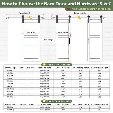 Diagram for choosing barn door size, showing 32x84 inch door with hardware track length options and measurements.