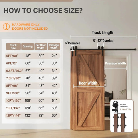 Diagram showing dimensions for 7.5 Ft Single Track Bypass Barn Door Hardware Kit For Double Doors, fits up to 50 inch doors.