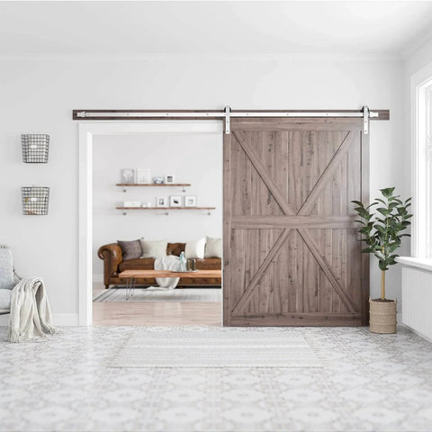 10 Feet Brushed Nickel Barn Door Hardware Kit-Heavy Duty Sliding Track fitted on a wooden door in a modern living room