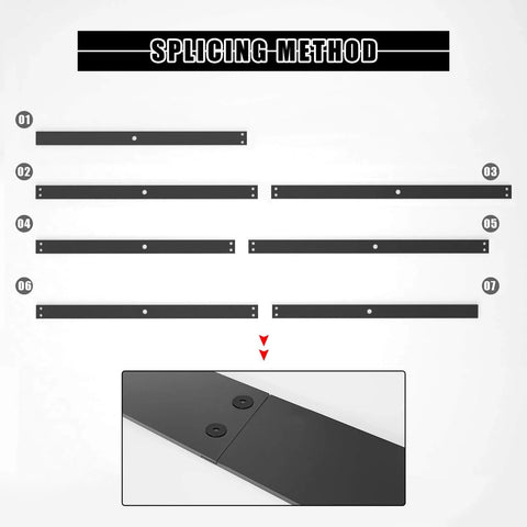 Splicing method for 8FT Barn Door Hardware Kit with Heavy Duty Sliding Track, showing sectional pieces and connection close-up.