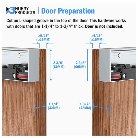 Door preparation for Concealed Sliding Barn Door Hardware Kit With Soft Close, 38 Inch Track, showing groove and thickness measurements.