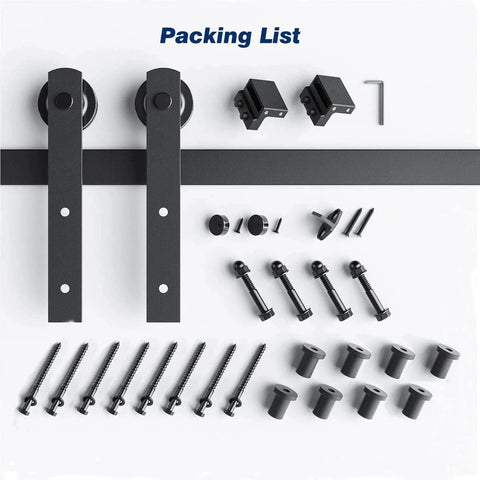10 FT Heavy Duty Sliding Barn Door Hardware Track Kit, Straight Pulley components and fasteners layout for 60" door installation.