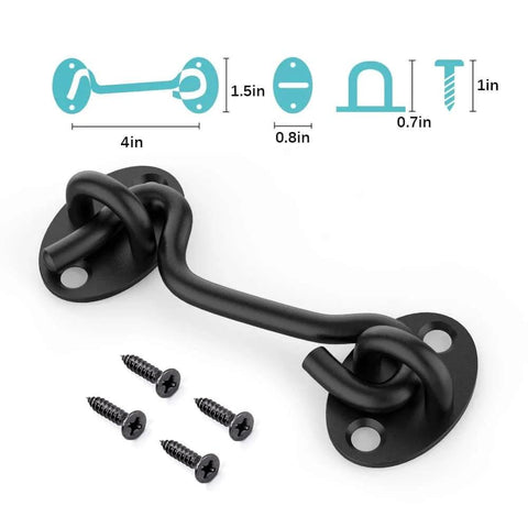 Barn Door Lock Gate Latch - 2 Pack 4 Inch Black Hook and Eye Latch with screws and measurements shown