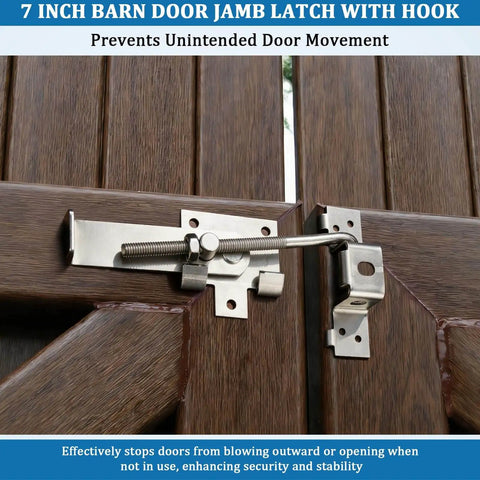 Secure, heavy duty barn door latch with cam style lock prevents unintended movement and forced entry on brown door