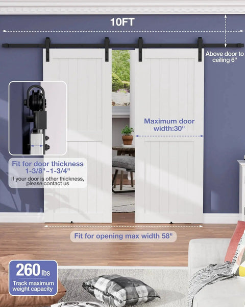 10 Ft Barn Door Hardware Kit For Double Doors Sliding Track System With Heavy Duty Black Steel Hangers Smooth Quiet Operation Easy Install For Closets Or Cabinet Doors Fits 1 3 8 Inch Door Thickness And Delivers Smooth Quiet Glide installed in living room