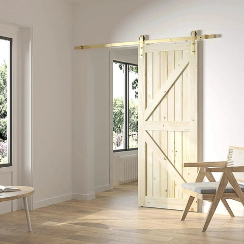 Interior with Gold Barn Door Hardware Kit For 59 Inch Sliding Track Internal Modern Interior Aluminum Kit With Brushed Brass Finish installed