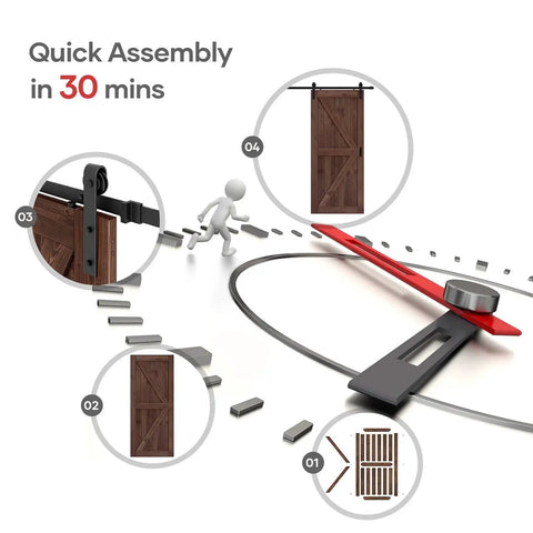 36x80 Inch Sliding Barn Wood Door Slab With 6.6ft Hardware Kit And Handle In Coffee Finish shown with quick assembly illustration