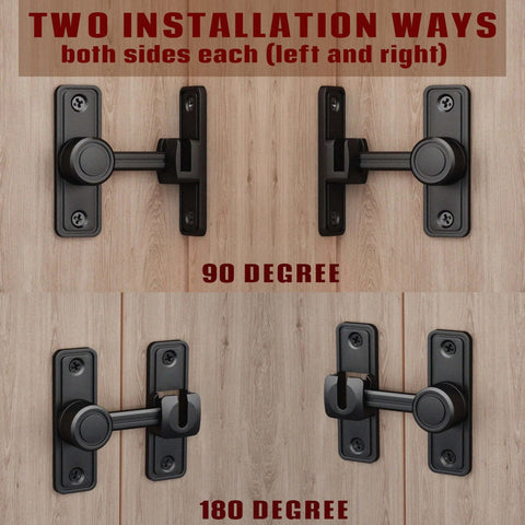 Barn Door Privacy Latch, 90°/180° Swing Slide Lock shown installed on wooden door, Zinc-Alloy, black finish, two installation options