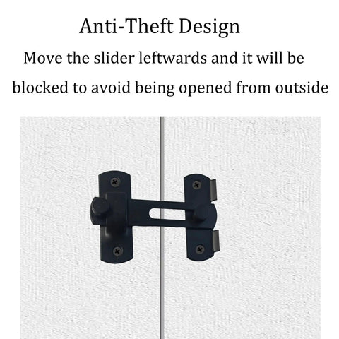 Barn Door Latch Set 4 Pack 100mm By 70mm Three Point Nine Four Inch 180 Degree Flip Lock For Sliding Doors Privacy Bathroom Cabinet Pet Doors Black Finish Made From Stainless Steel With Smooth Edges And Durable Security Gate Latches showing anti-theft design installed on a door