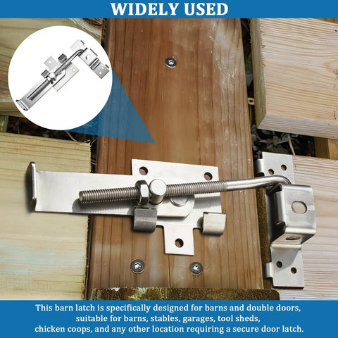 Secure, heavy duty barn door latch with cam style lock, 7 inch design, installed on wooden door for enhanced security.