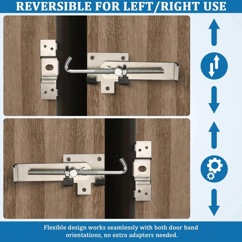 Secure, heavy duty barn door latch with cam style lock prevents unintended movement and forced entry shown in reversible use