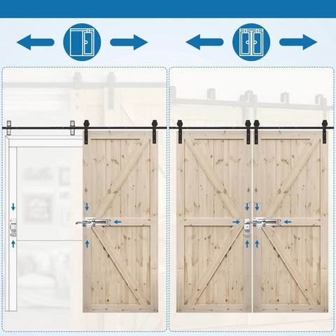 Secure, heavy duty barn door latch with cam style lock shown on sliding barn and bi-parting doors for enhanced security.