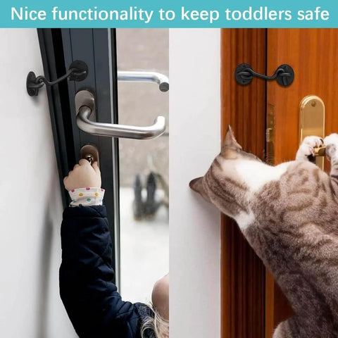 Barn Door Lock Gate Latch - 2 Pack 4 Inch Black Hook and Eye Latch on doors preventing access by cat and toddler