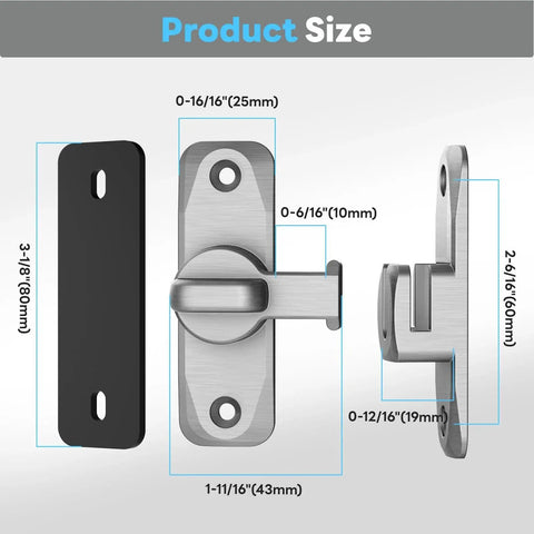 Dimensions of 90 And 180 Degree Barn Door Lock Set For Privacy And Security, Flip Latch For Sliding Gates And Doors, Zinc Alloy, Silver Finish