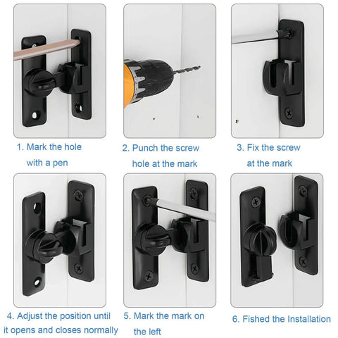 Installation steps for Adjustable 90 And 180 Degree Barn Door Lock Heavy Duty Rust Proof Sliding Door Latch