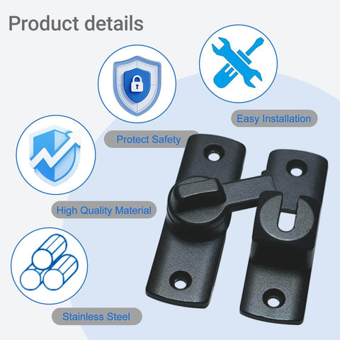 Upgraded Barn Door Lock - 90/180 Degree Flip Door Latch, highlighting key features like stainless steel material and easy installation.