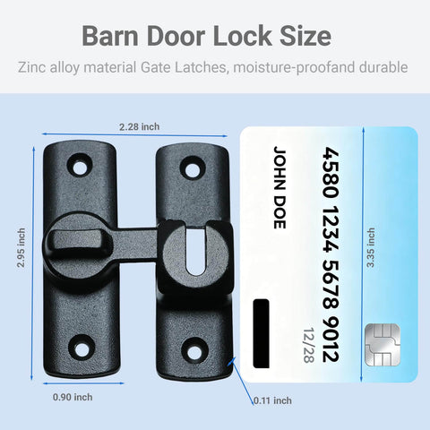 Image showing the size of the Upgraded Barn Door Lock - 90/180 Degree Flip Door Latch next to a credit card for scale, with dimensions.
