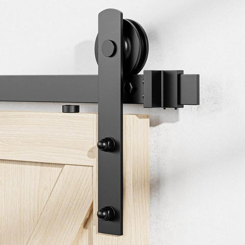 Black Barn Door Rollers With Silencer Design, Heavy Duty 350 Lb Capacity For 1 3/8 To 1 3/4 Inch Thick Doors, Carbon Steel Hangers And Quiet POM Wheels, installed view