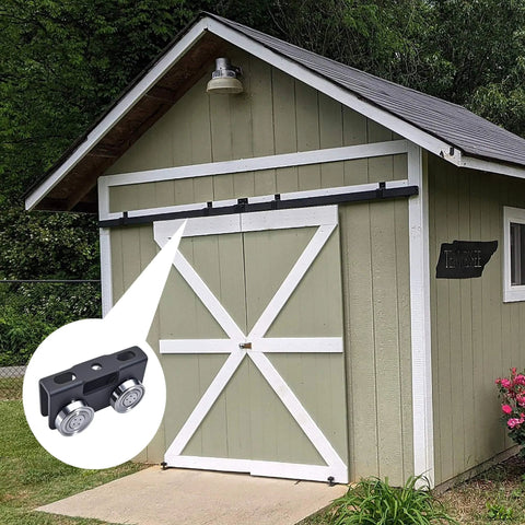 4 Wheel Trolley Assembly Rollers installed on a green shed door, showcasing smooth motion and stable alignment for electric hoist use, Black 2 Pack