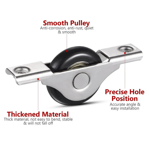 4 Pieces Barn Door Kit With Sliding Door Rollers And Track Wheels For Wardrobe Cupboard Cabinets Includes Bottom Pulley And Scroll Wheel Hardware For Smooth Easy Sliding Ideal For Home And Office Decor Great For Quick Install roller close-up showing thick material and precise hole position