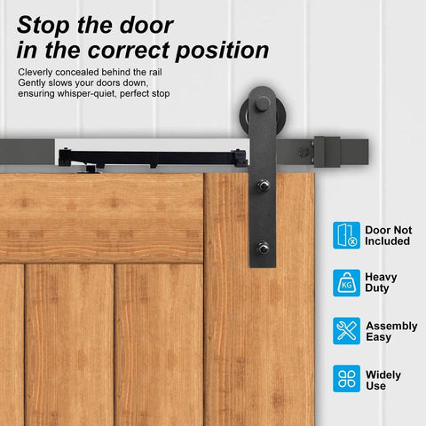 Close-up of barn door with Four Pack Barn Door Soft Close Mechanisms With Spring Buffer Dampers installed behind the rail.