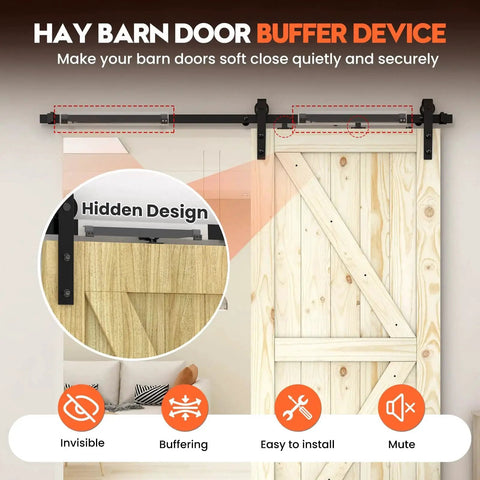 Barn Door Soft Close Hardware Kit No Drill Installation With Upgraded Adjustable Damper And Stopper For Sliding Doors 88 To 132 Lbs Universal Fit For Top Track Systems Includes Four Spacers Black installed on wooden sliding door