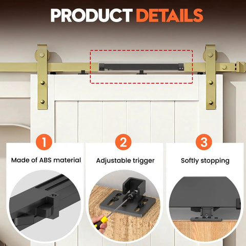 Barn Door Soft Close Hardware Kit No Drill Installation With Upgraded Adjustable Damper And Stopper For Sliding Doors 88 To 132 Lbs Universal Fit For Top Track Systems Includes Four Spacers Black shown in use with detailed product features.