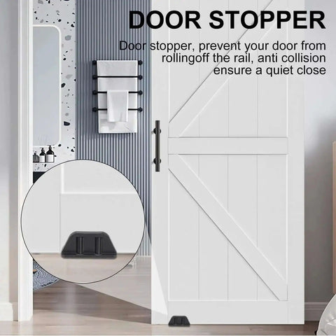 Set Of 2 Heavy Duty Sliding Barn Door Floor Guides With Bearing Design Stainless Steel Hardware installed on white barn door