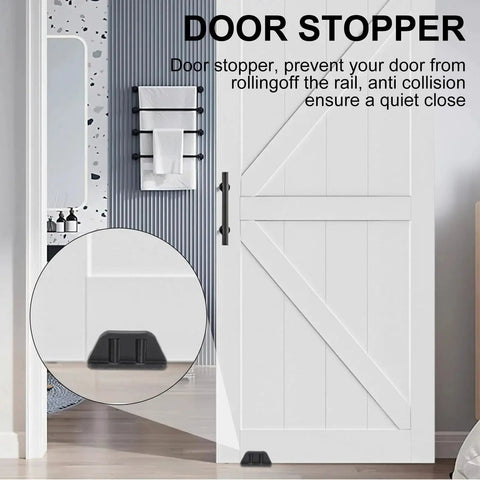 Four Barn Door Floor Guide With Bearing Design For Sliding Doors Heavy Duty Metal Hardware Durable Black Steel Frame Noise Reducing 304 Stainless Steel And Plastic Castings For Smooth Scratch Free Door Movement shown installed on sliding barn door.