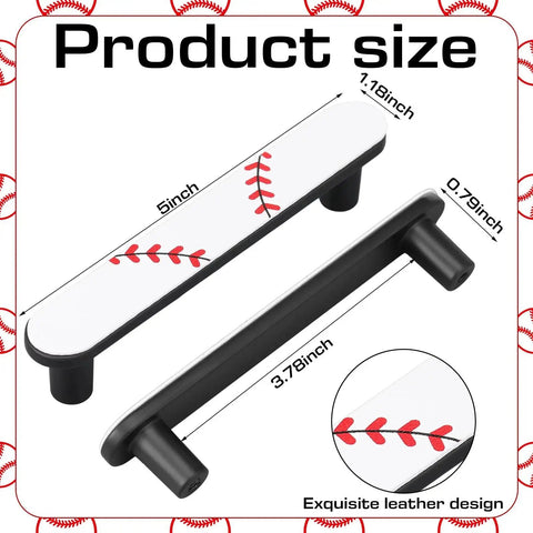 Baseball Themed 6 Pack Drawer Pulls 3.75 Inch Metal Cabinet Knobs white and black with red stitches, image with size dimensions shown