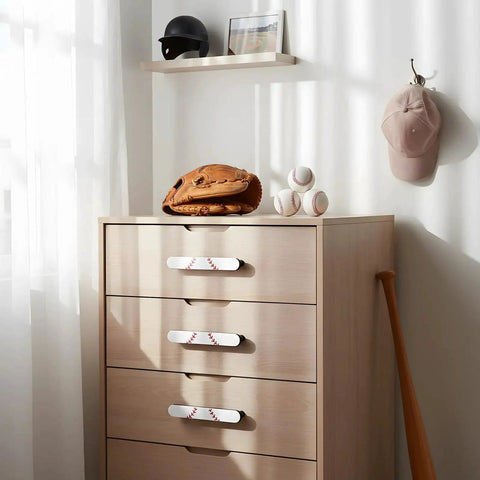 Wooden dresser with Baseball Themed 6 Pack Drawer Pulls 3.75 Inch Metal Cabinet Knobs, decorated with baseball glove and balls.