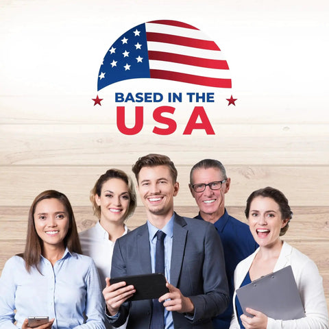 Group of smiling professionals under USA flag with 'Based in the USA' text