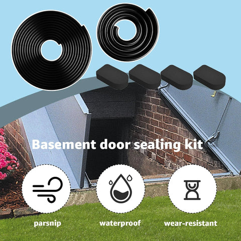 Basement door sealing kit by Amazon: U-shaped gasket, bulb trim gasket, and four cap seals; black weatherstripping