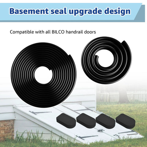 Bilco basement door seal kit: black U-shaped gasket, bulb trim gasket, and four cap seal pads.