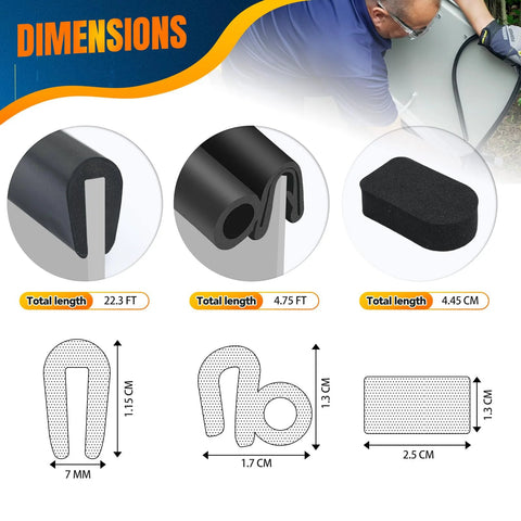 Bilco basement door weatherstrip kit components: three black gaskets—U-shaped, bulb trim, and cap seal pad—with dimension diagrams