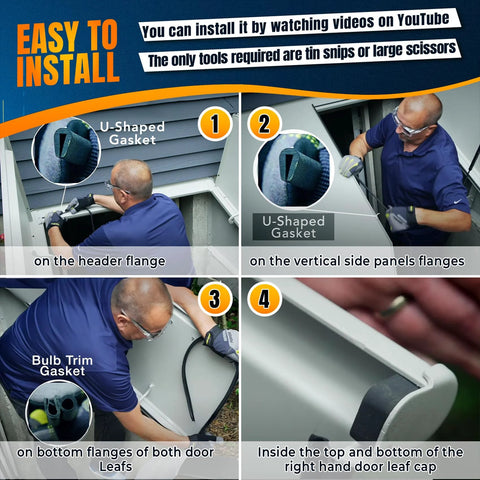 Weatherstrip kit for Bilco basement doors with U-shaped, bulb trim, and cap seal pads; four-step installation collage.