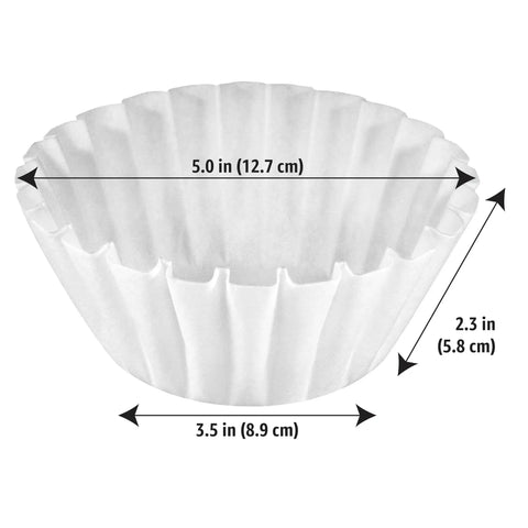 Premium white basket filters fit most 8-12 cup coffee makers for clear filtration, showing dimensions of 5x3.5x2.3 inches.