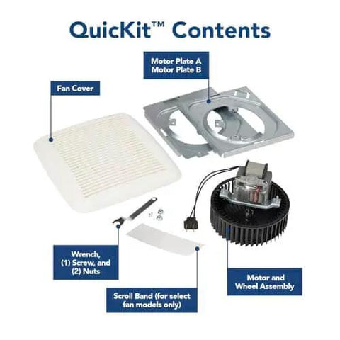 Ultra Quiet Bath Fan Replacement Kit With Motor And Grille 60 CFM 20 Percent More Power White DIY Install No Wiring Or Cutting Required QuickKit Technology Reduces Noise Up To Fifty Percent For Fresher Air components including fan cover, motor plates, motor and wheel assembly.