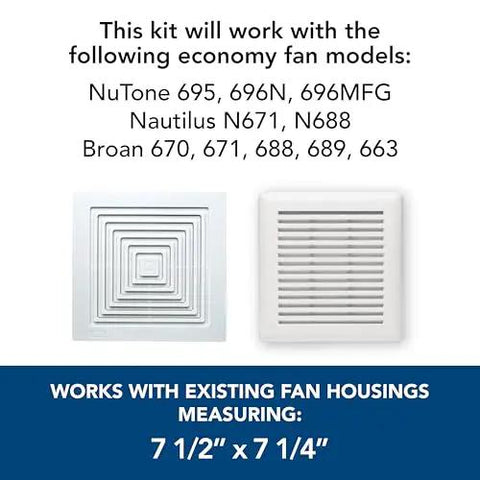 Genuine Bath Fan Replacement Motor And Cover Kit For 50 CFM Four Point Zero Sones Diy Friendly Easy Install Quiet Operation Odor And Moisture Removal Fits Broan NuTone Exhaust Fans shown with cover dimensions.