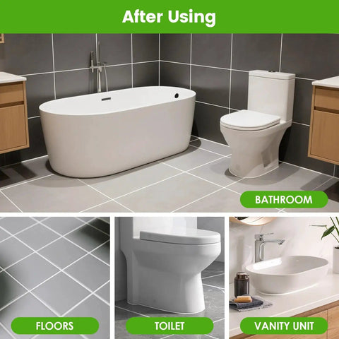 Clean bathroom with bathtub, tile floors, toilet, and vanity unit after using Caulking Tool 5 In 1 Silicone Caulking Grout Removal Sealant.