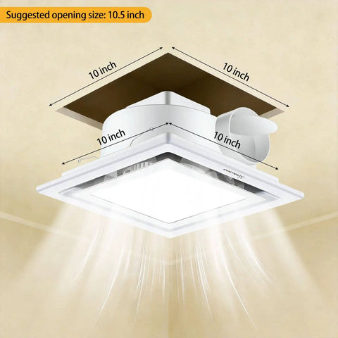 Illustration of Bathroom Exhaust Fan With Light, 12 Inch Ultra Quiet 1.0 Sones, 140 CFM, 1200 Lumen, ceiling mount in 10x10 opening