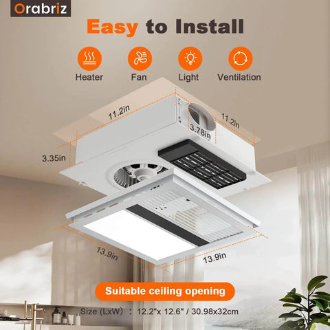 Detailed diagram of 4 In 1 Bathroom Exhaust Fan With Heater Orabriz 1100W 2200W Dual Heating 220 CFM Quiet Ceiling Mount LED Light.