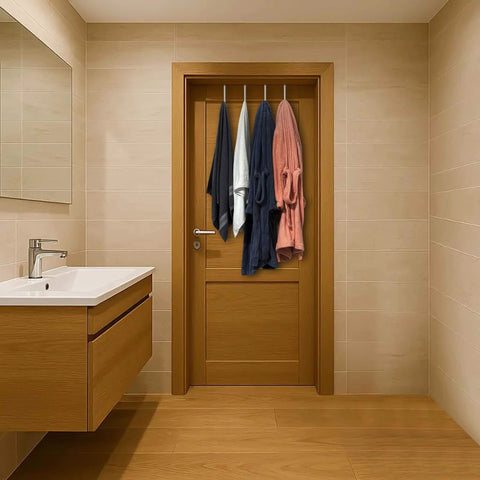 Bathroom with wooden door and towels hung on hooks, modern sink and mirror on the left.