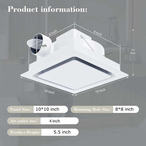 Ultra Quiet 110 CFM Bathroom Exhaust Fan With 10 Inch Panel No Light 8x8 Mount 4 Inch Duct For Bathroom Garage Or Home Eliminates Moisture Odors And Steam, shown with dimensions and features.