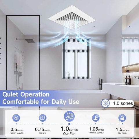 Ultra Quiet Bathroom Ceiling Exhaust Fan For Home Use 110 CFM 1.0 Sones 40 dB installed in modern bathroom ceiling.