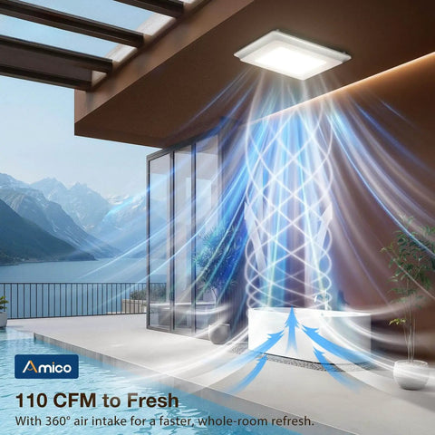 Quiet 110 CFM Bathroom Exhaust Fan With Light For Fresh Air, 1.0 Sones, 1000 LM LED, 5 CCT Color Temperature, installed outdoors